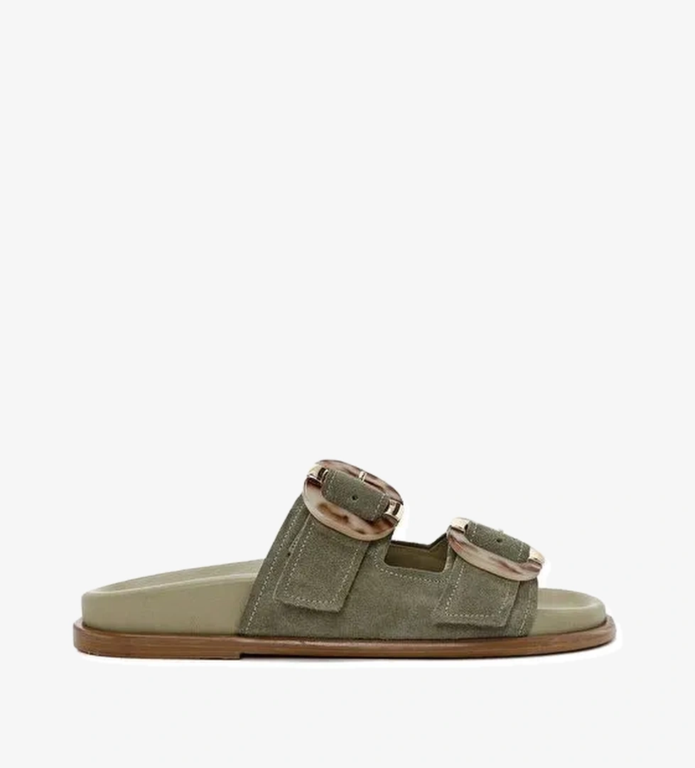 Kadın Yeşil Çift Tokalı Süet Deri Terlik 25SFD200710 - Görsel 1