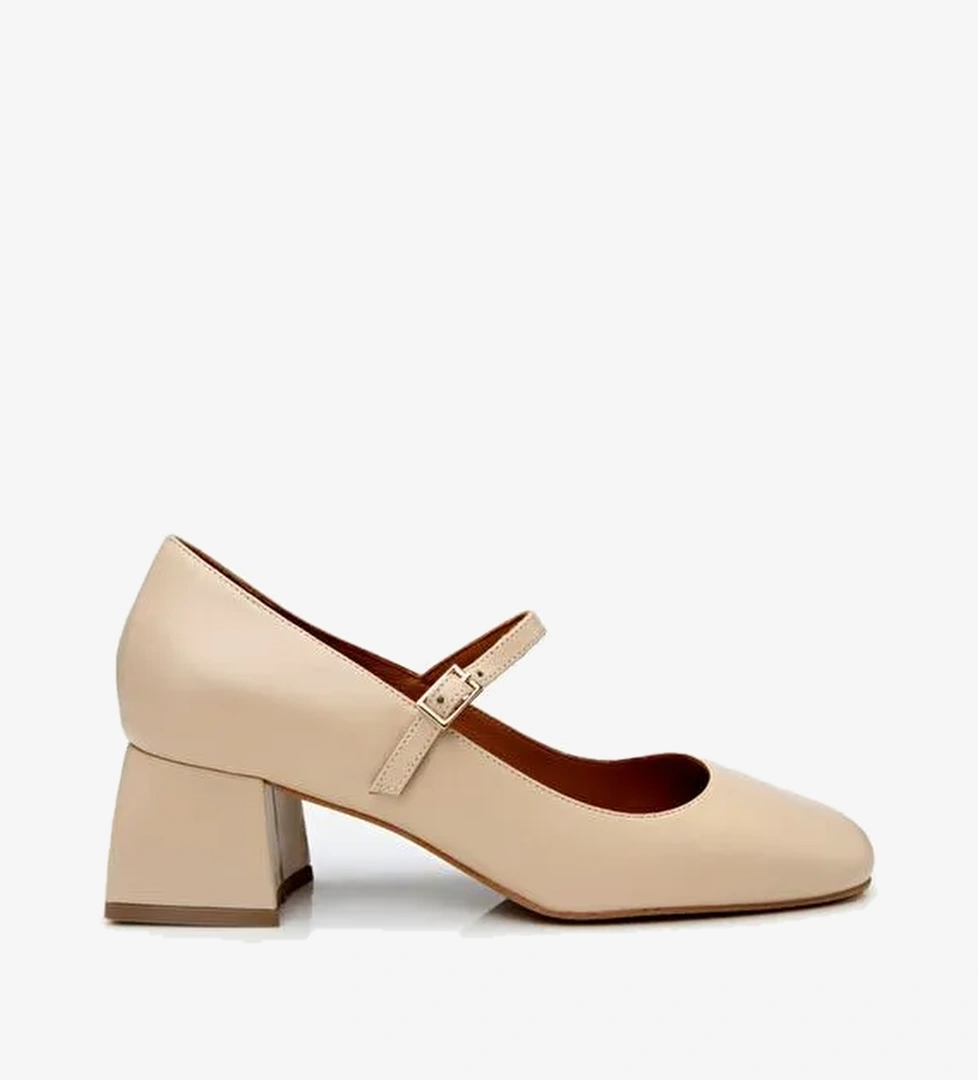 Kadın Deri Bej Mary Jane Kalın Topuklu Ayakkabı - Görsel 1