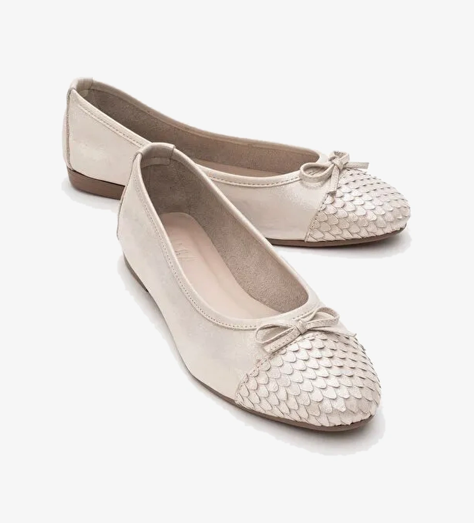 02 Bej Simli Hakiki Deri Kadın Babet Ayakkabı - Görsel 1
