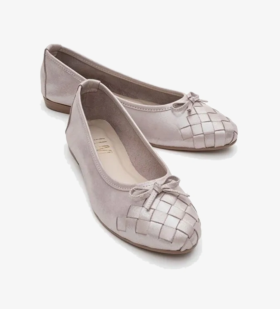 03 Bej Simli Hakiki Deri Kadın Babet Ayakkabı - Görsel 1