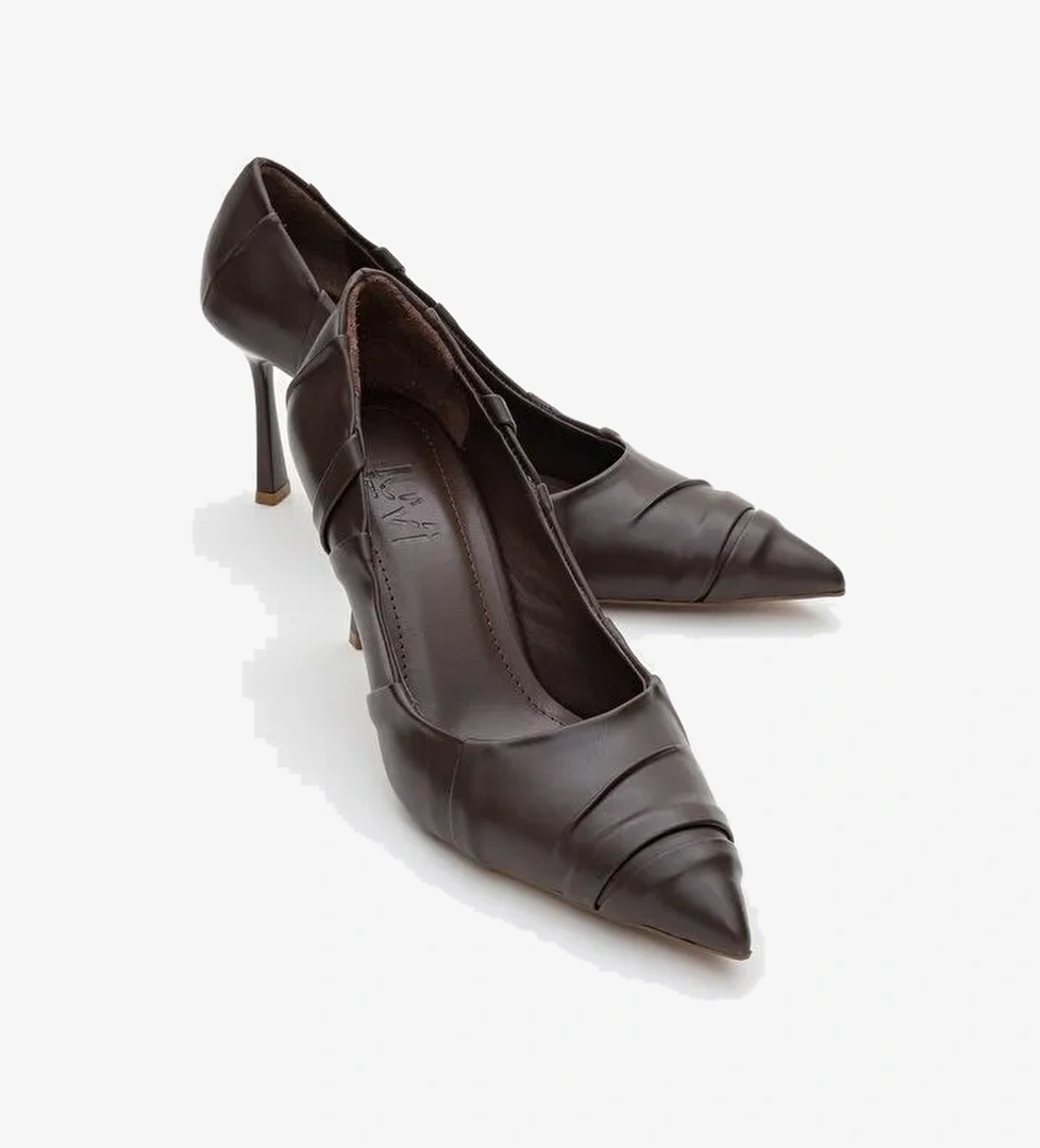 ANLY Kahverengi Cilt Kadın İnce Topuklu Ayakkabı - Görsel 1