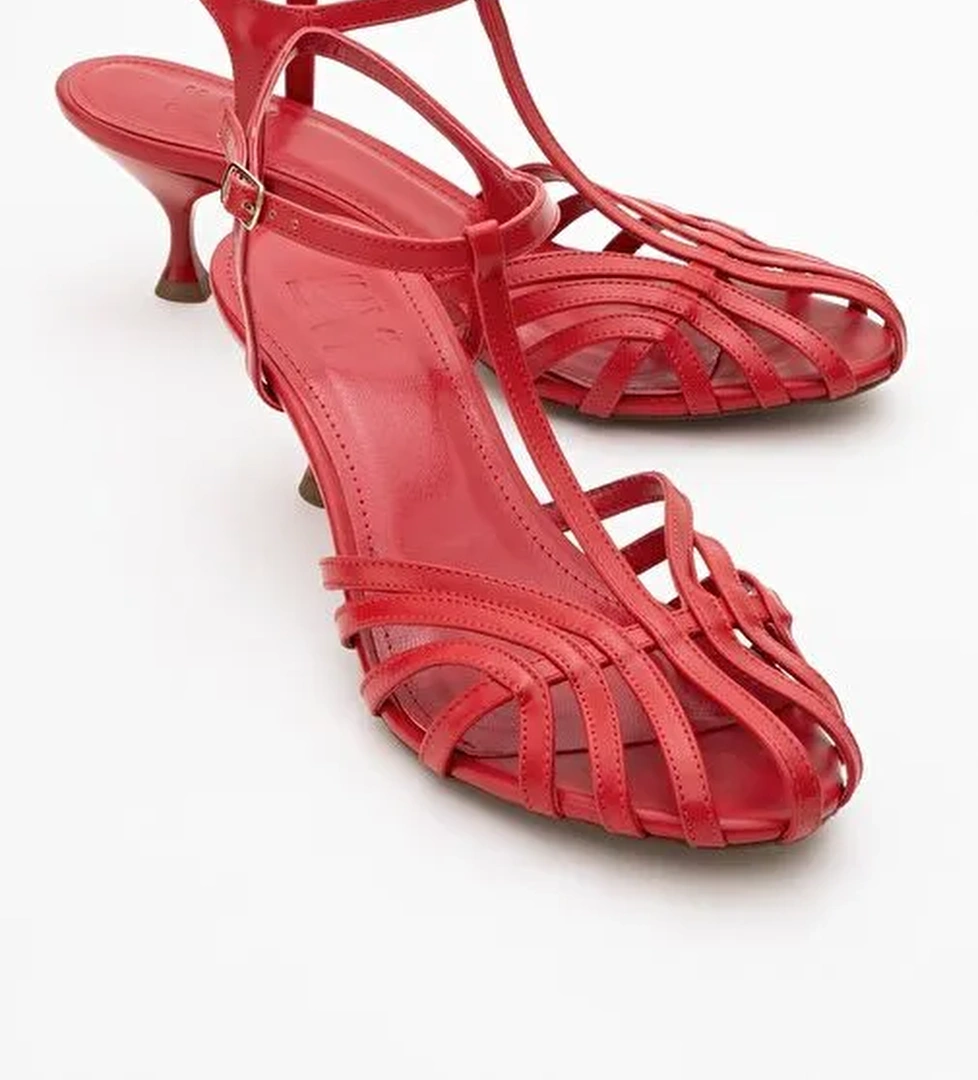 FELİP Kırmızı Cilt Bantlı Kadın Kısa Topuklu Ayakkabı - Görsel 1