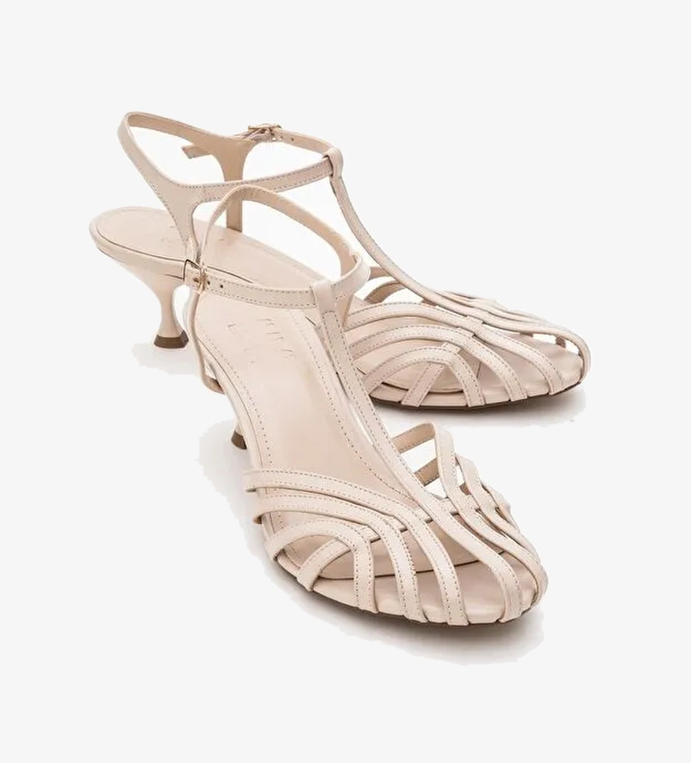 FELİP Ekru Cilt Bantlı Kadın Kısa Topuklu Ayakkabı - Görsel 1