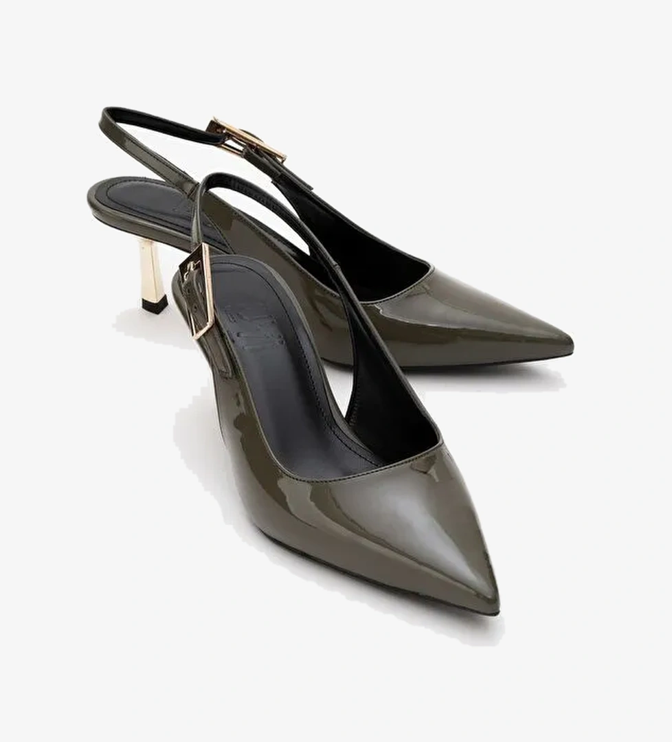 ARTY Haki Rugan Sivri Burun Arkası Açık Kadın İnce Topuklu Ayakkabı - Görsel 1