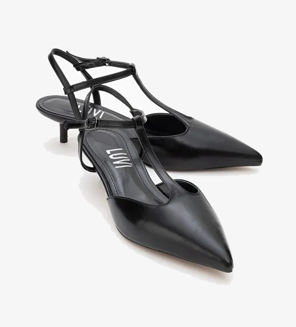 ASHER Siyah Cilt Sivri Burun Arkası Açık Kadın Kısa Topuklu Ayakkabı - Görsel 1