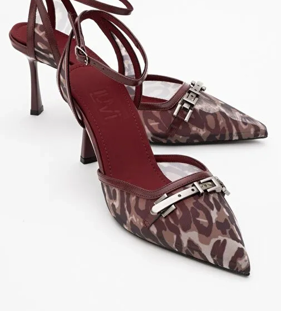 GİORNO Bordo Desenli Fileli Tokalı Kadın Bilekten Bağlamalı Topuklu Ayakkabı - Görsel 1