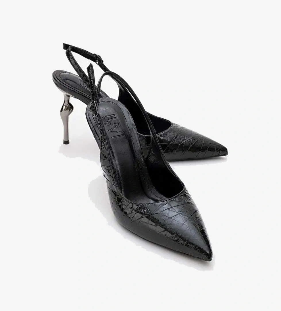 CHİCA Siyah Desenli Arkası Açık Sivri Burun Kadın Topuklu Ayakkabı - Görsel 1