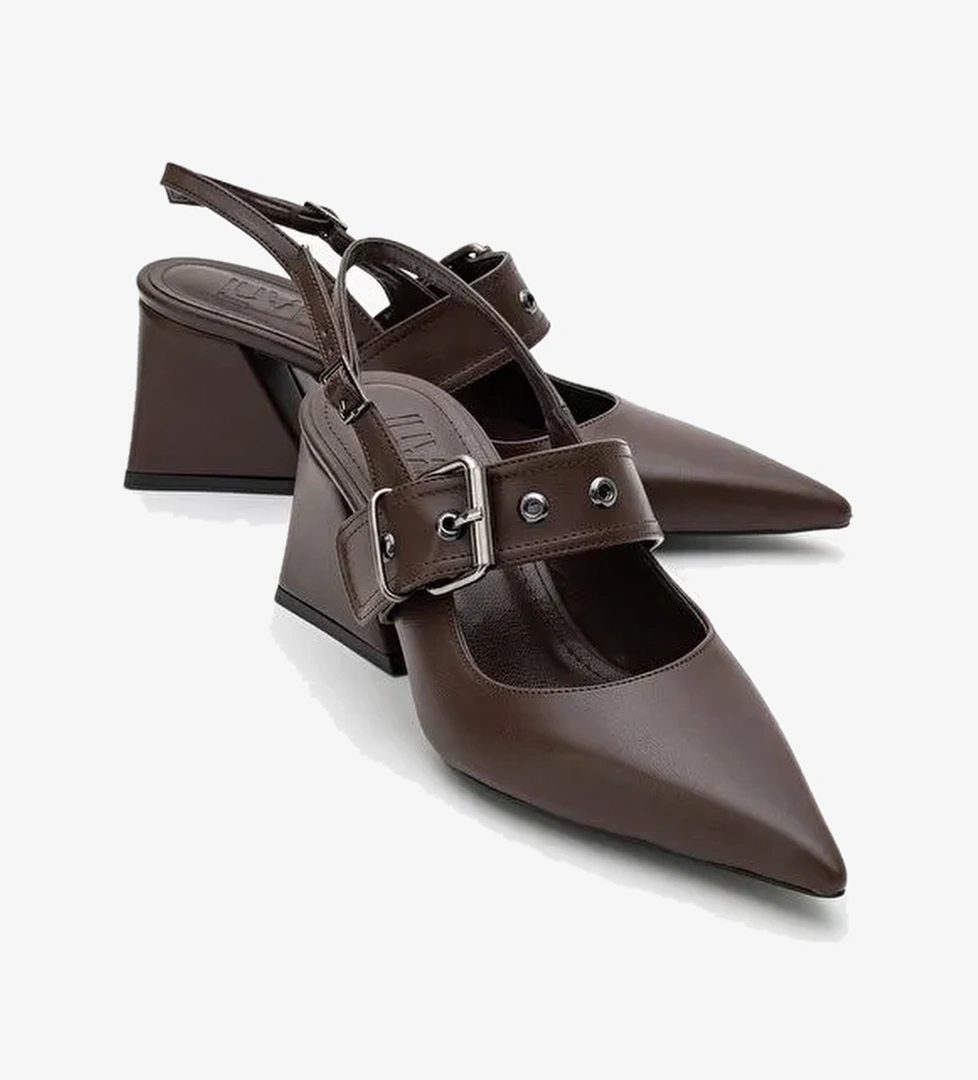 NEPİDO Kahve Cilt Kadın Sivri Burun Arkası Açık Kalın Topuklu Ayakkabı - Görsel 1