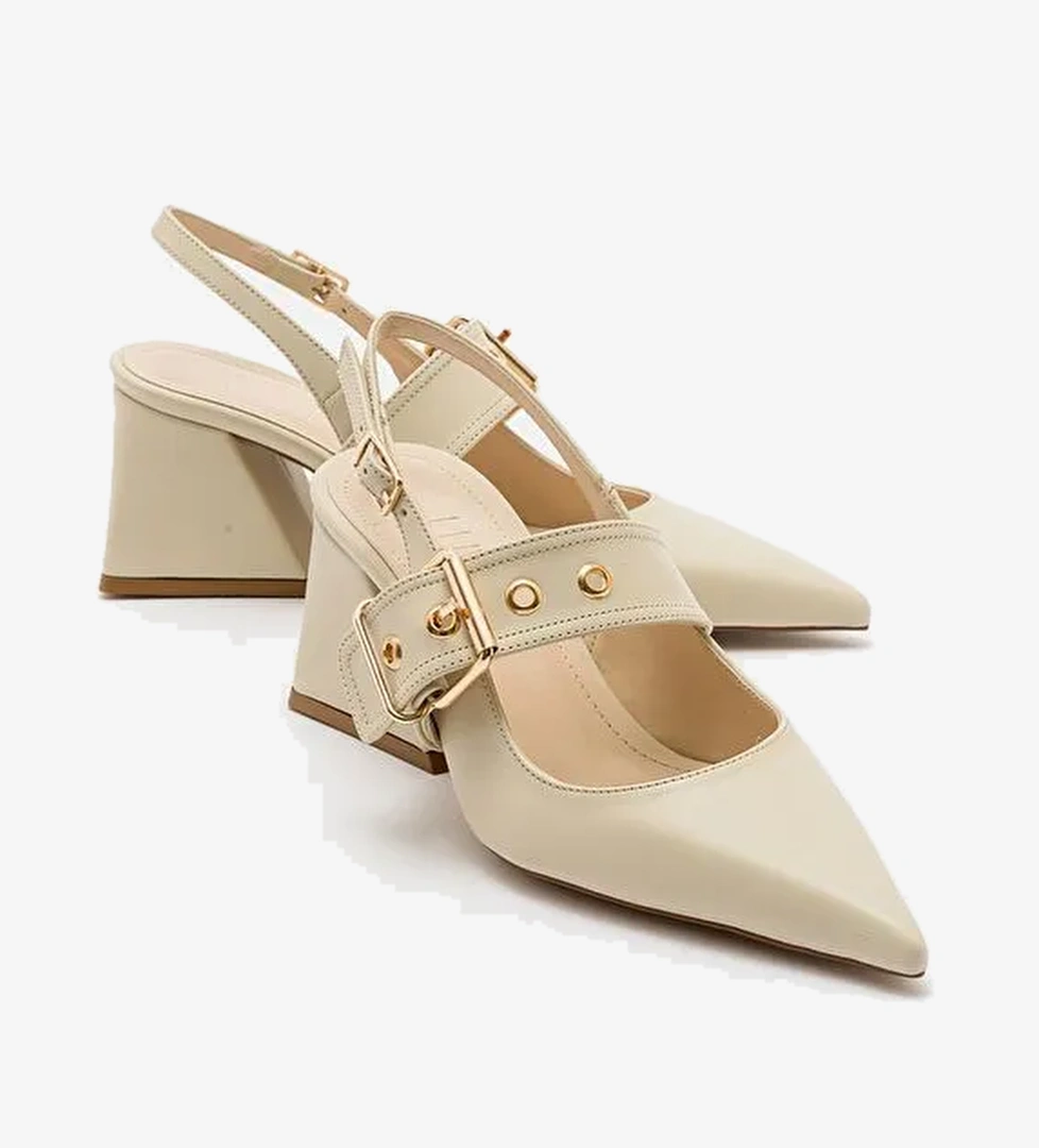 NEPİDO Ekru Cilt Kadın Sivri Burun Arkası Açık Kalın Topuklu Ayakkabı - Görsel 1