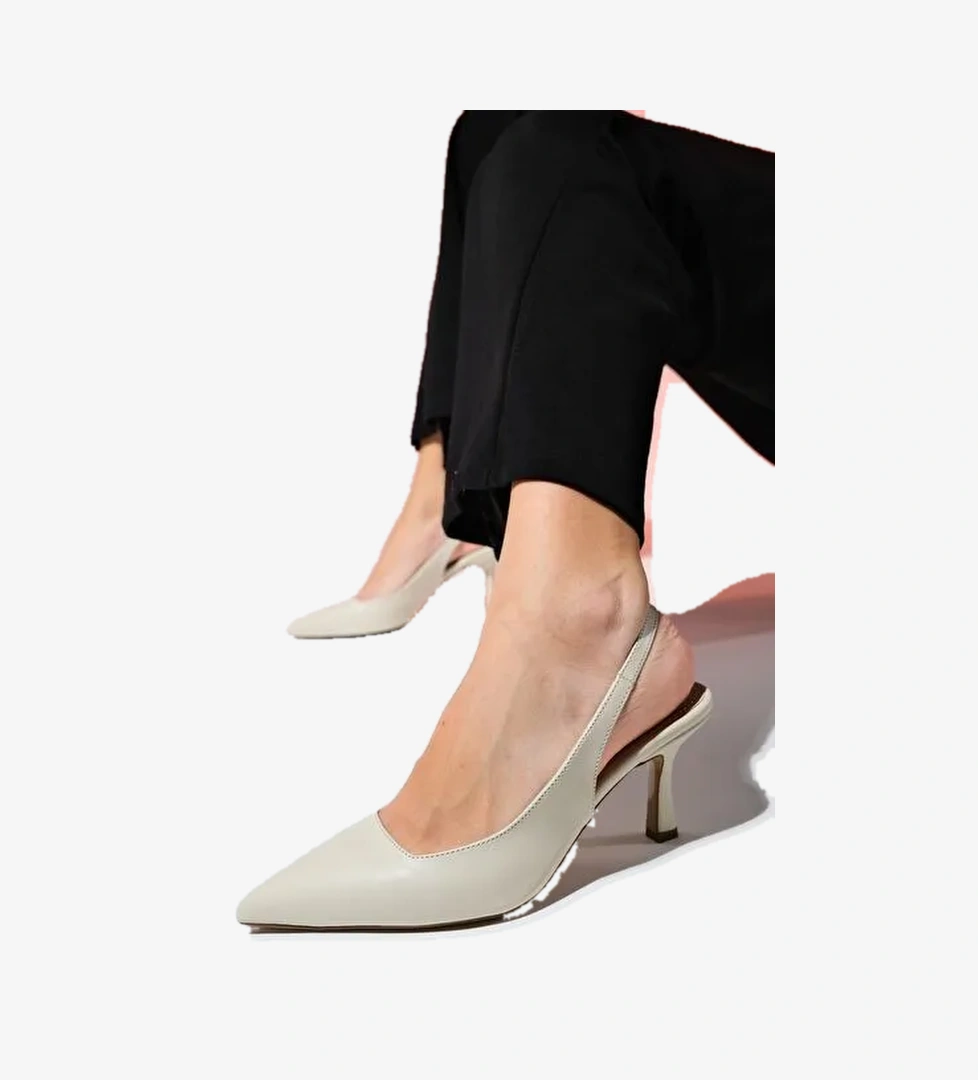 FLEM Ekru Cilt Kadın Sivri Burun Arkası Açık İnce Topuklu Ayakkabı - Görsel 1