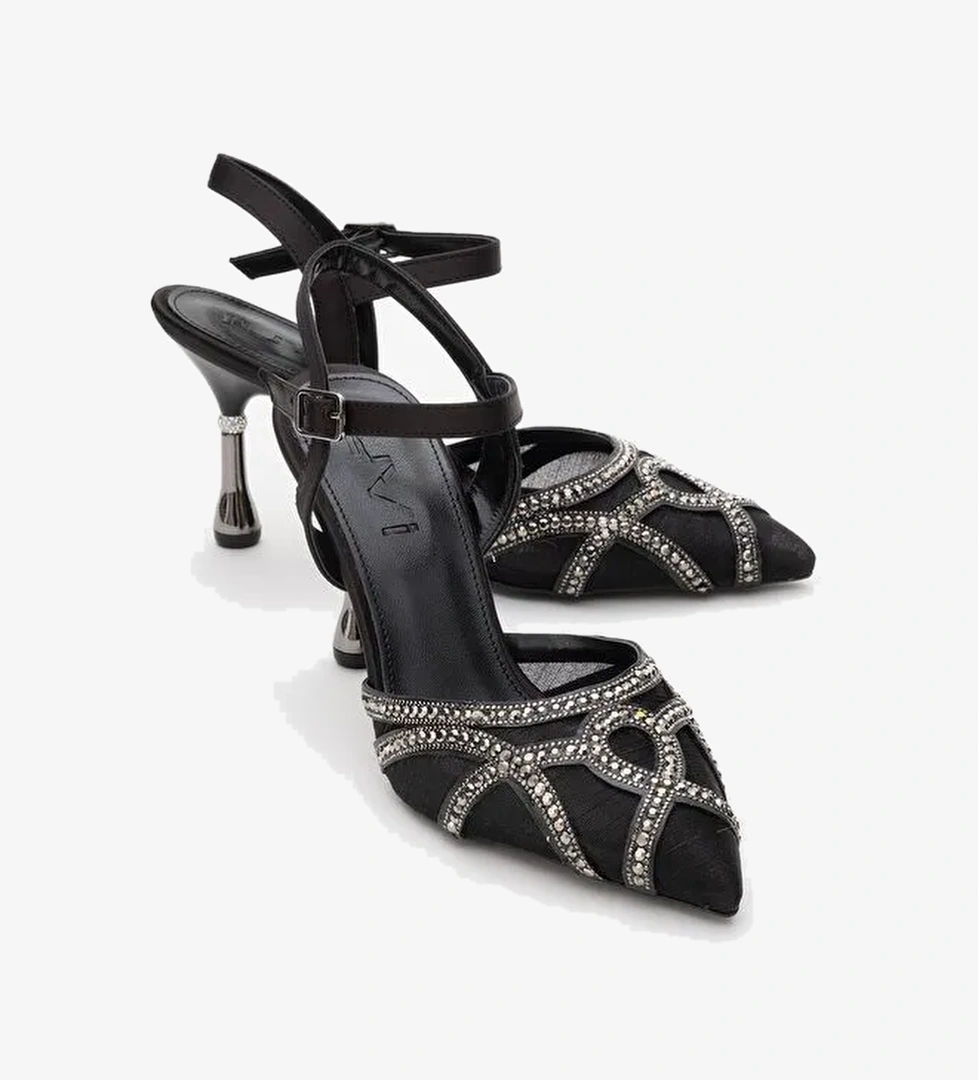 VOLBY Siyah Saten Taşlı Kadın Abiye Ayakkabı - Görsel 1