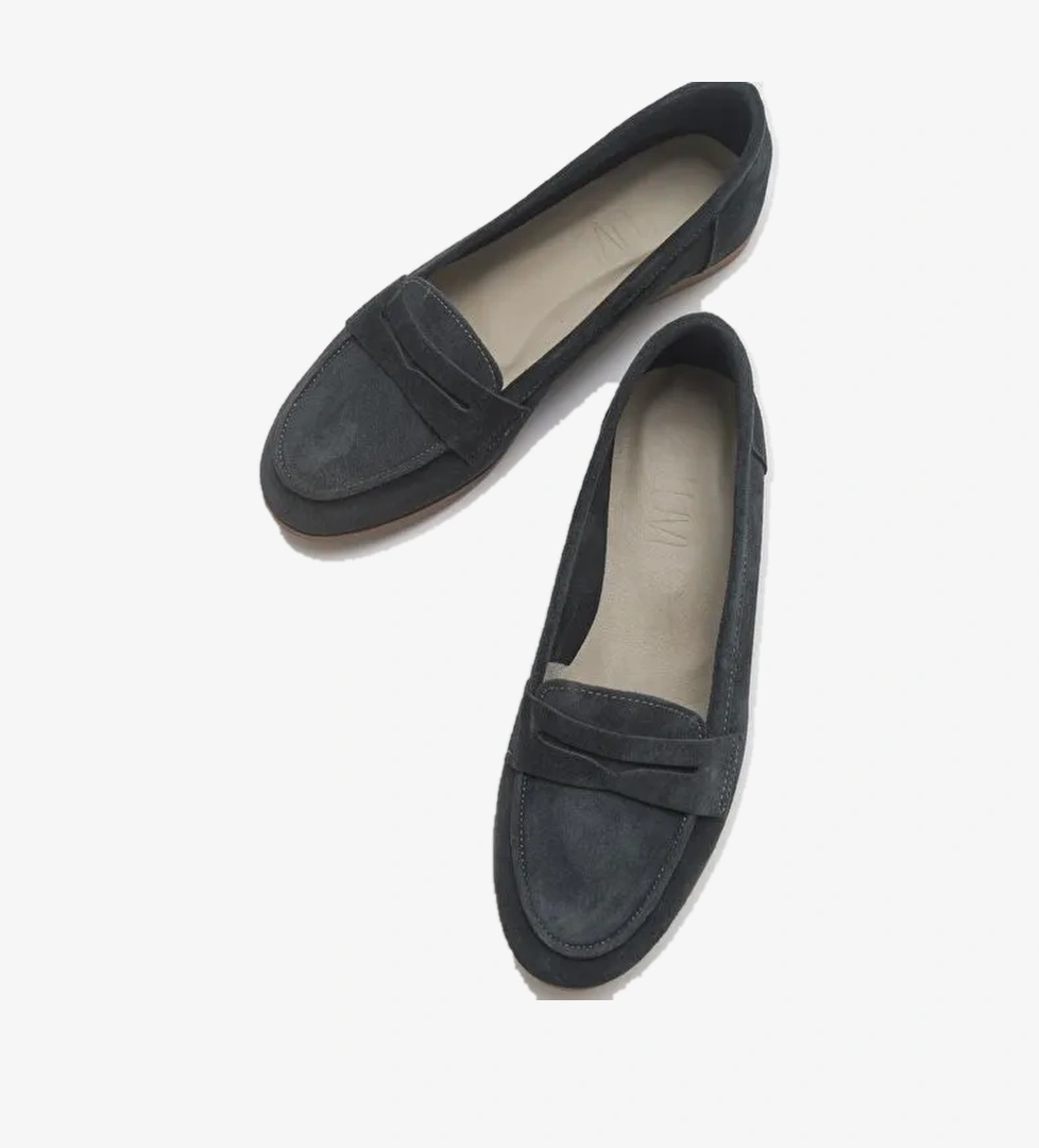 F02 Füme Süet Hakiki Deri Kadın Loafer Ayakkabı - Görsel 1