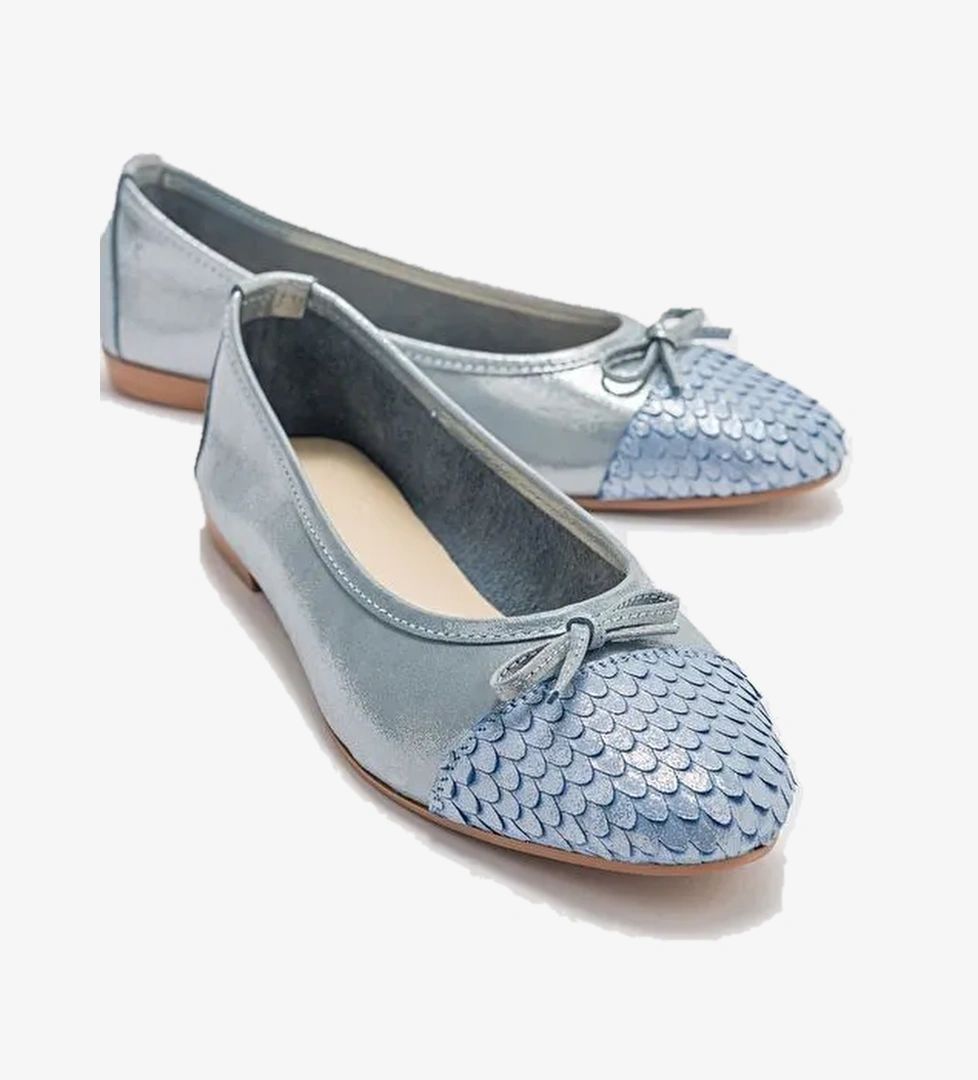 02 Mavi Simli Hakiki Deri Kadın Babet Ayakkabı - Görsel 1