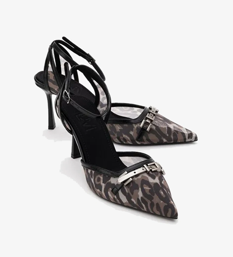 GİORNO Siyah Desenli Fileli Tokalı Kadın Bilekten Bağlamalı Topuklu Ayakkabı - Görsel 1