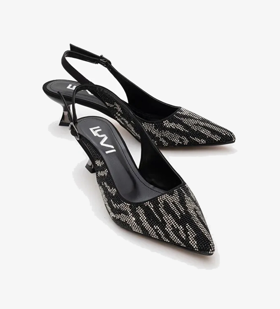 USHES Siyah Saten Taşlı Kadın Kısa Topuklu Abiye Ayakkabı - Görsel 1