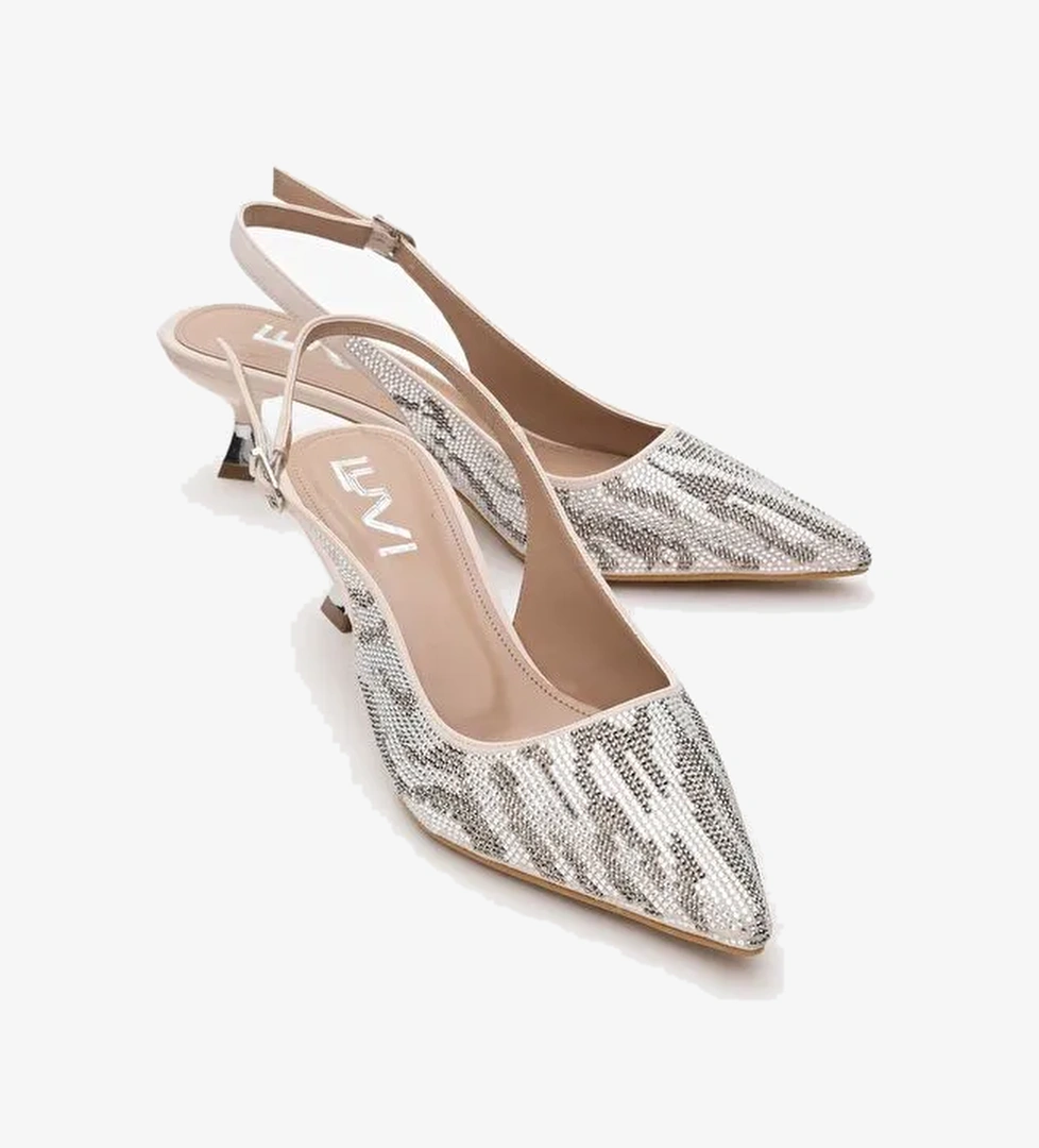 USHES Bej Saten Taşlı Kadın Kısa Topuklu Abiye Ayakkabı - Görsel 1