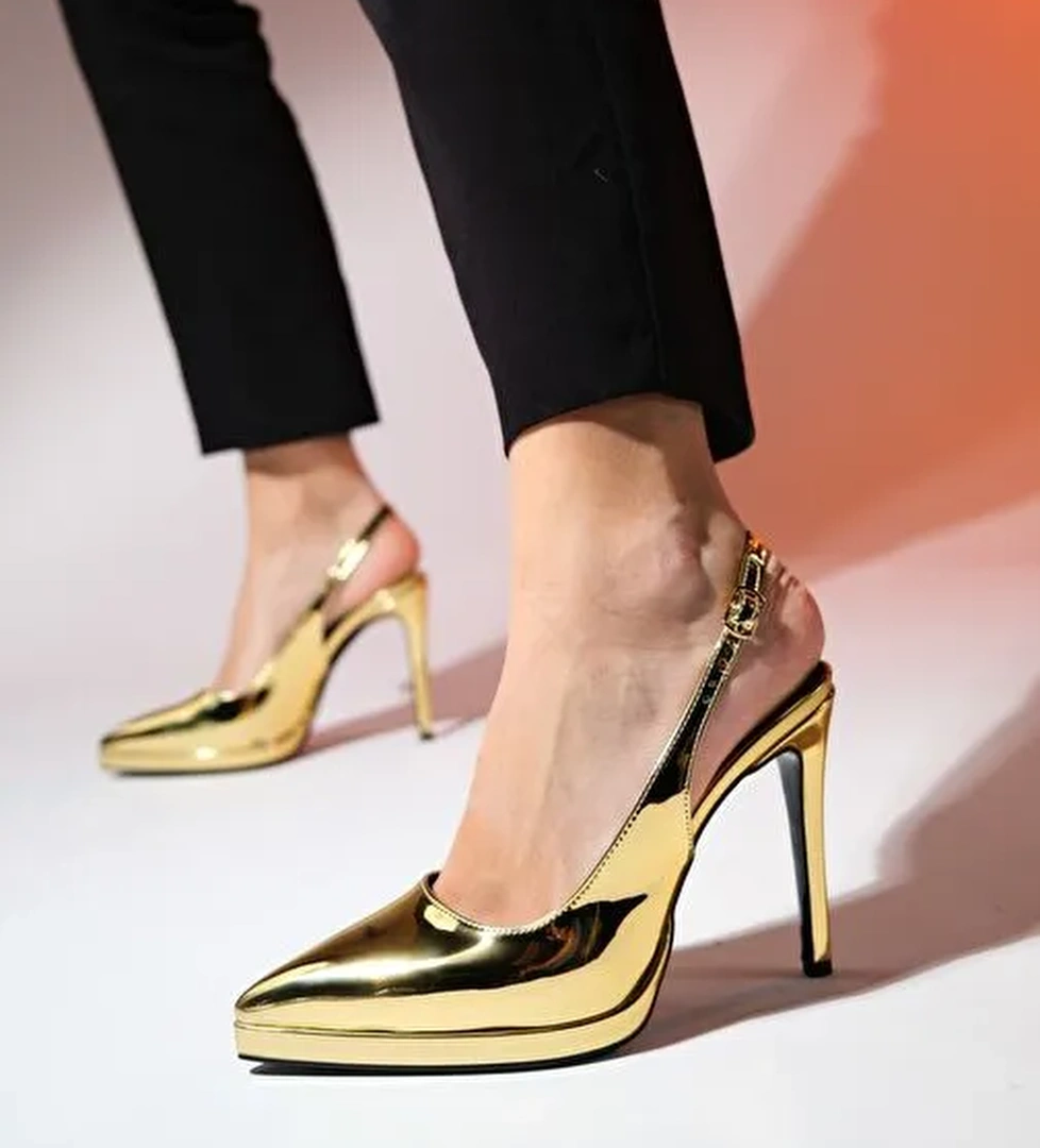 SANTA Altın Ayna Kadın Sivri Burun Platform Topuklu Ayakkabı - Görsel 1