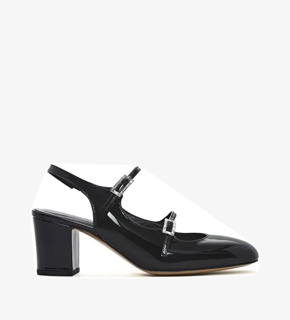 Kadın Siyah Çift Tokalı Arkası Açık Kalın Topuklu Rugan Deri Ayakkabı 24WFD230516 - Görsel 1