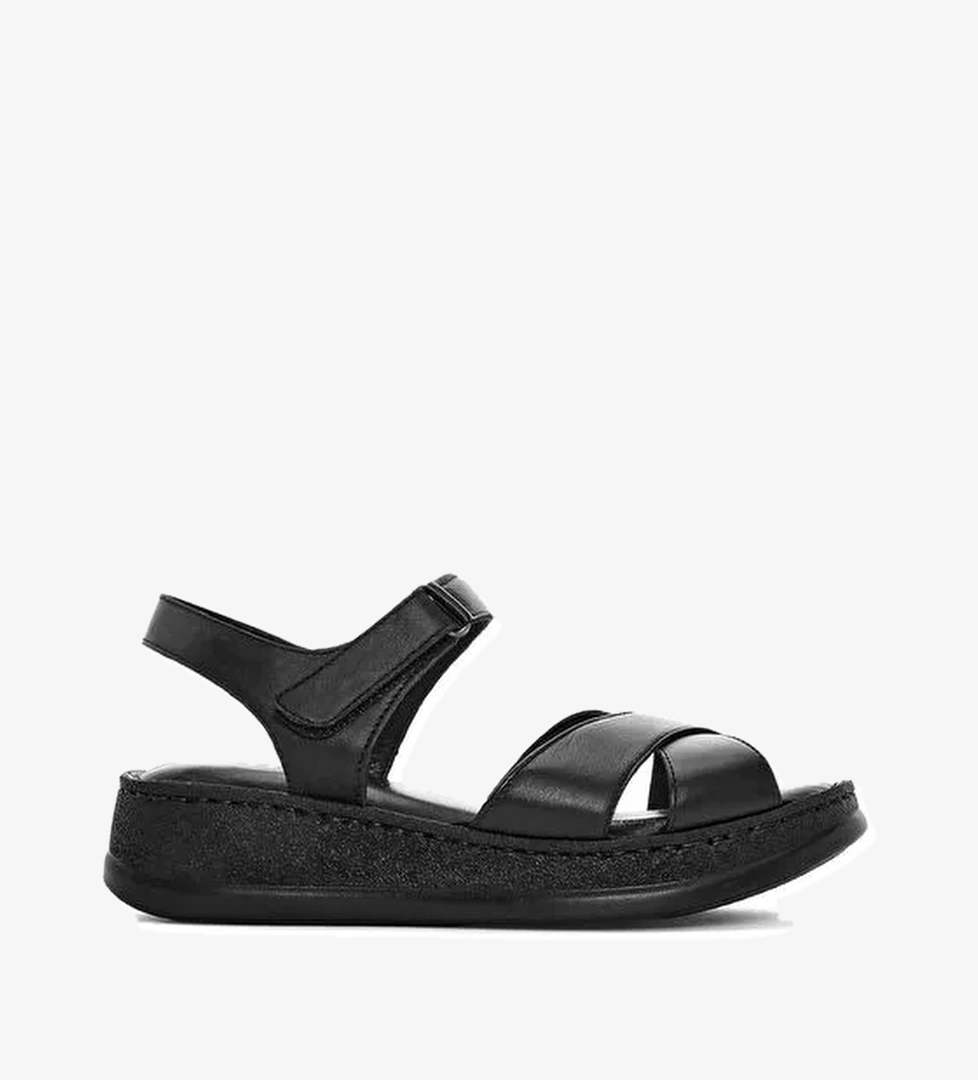 Kadın Siyah Kalın Tabanlı Deri Comfort Sandalet 25SFD321618 - Görsel 1