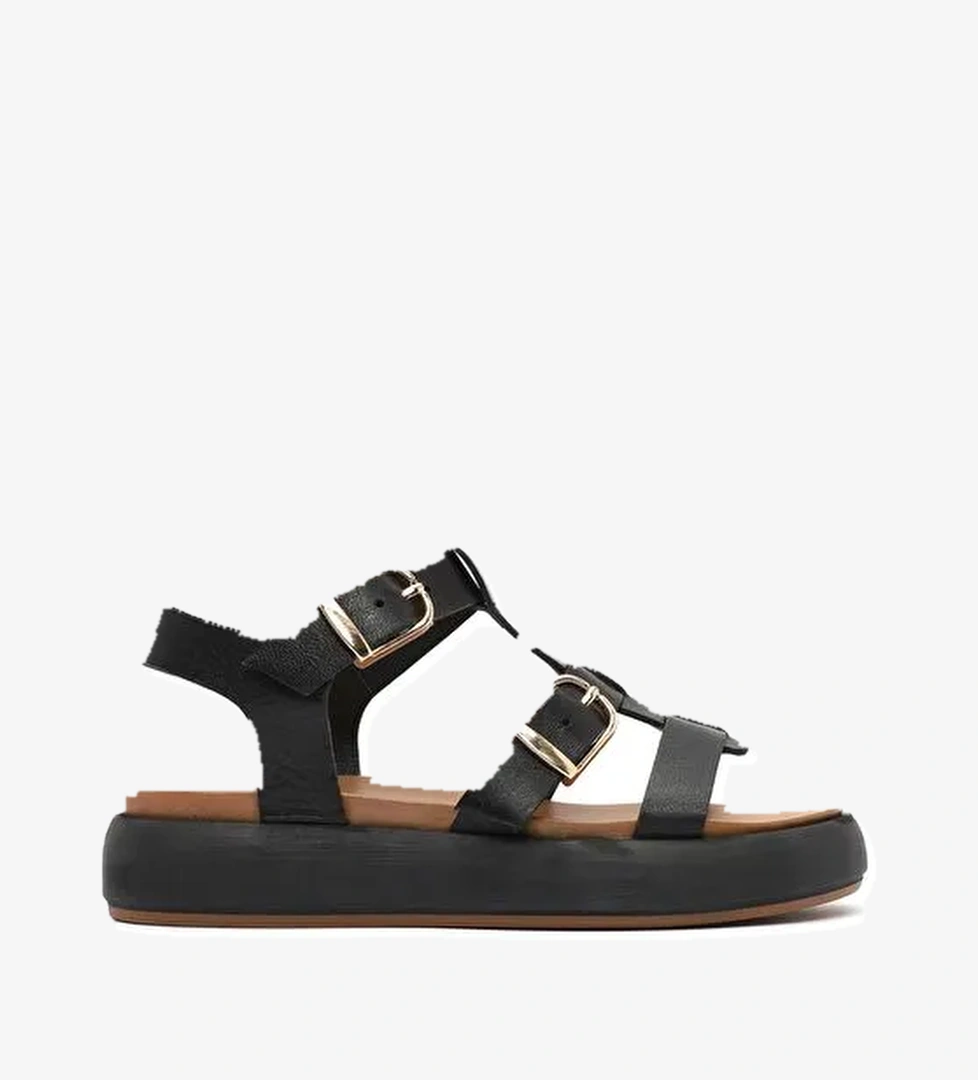 Kadın Siyah Tokalı Kalın Tabanlı Deri Sandalet 25SFD550318 - Görsel 1