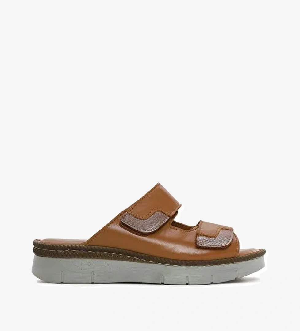 Kadın Taba Çift Bantlı Deri Comfort Terlik 25SFD320918 - Görsel 1