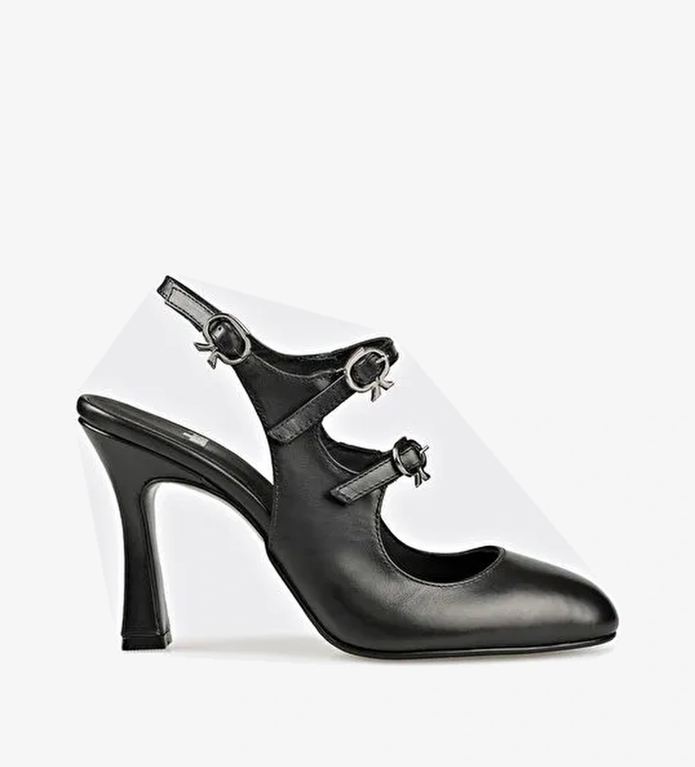 Siyah Deri Kadın Topuklu Ayakkabı - Görsel 1