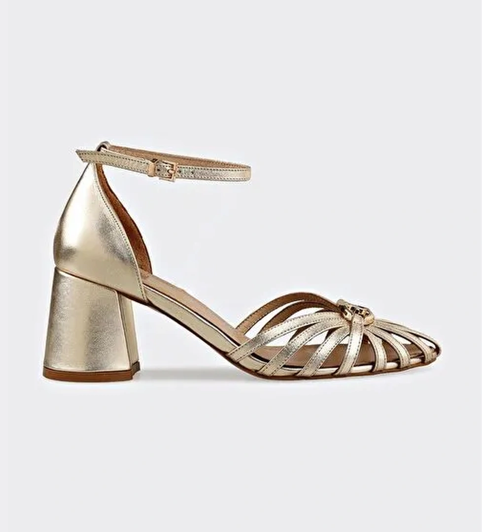 Gold Deri Kadın Topuklu Ayakkabı - Görsel 1