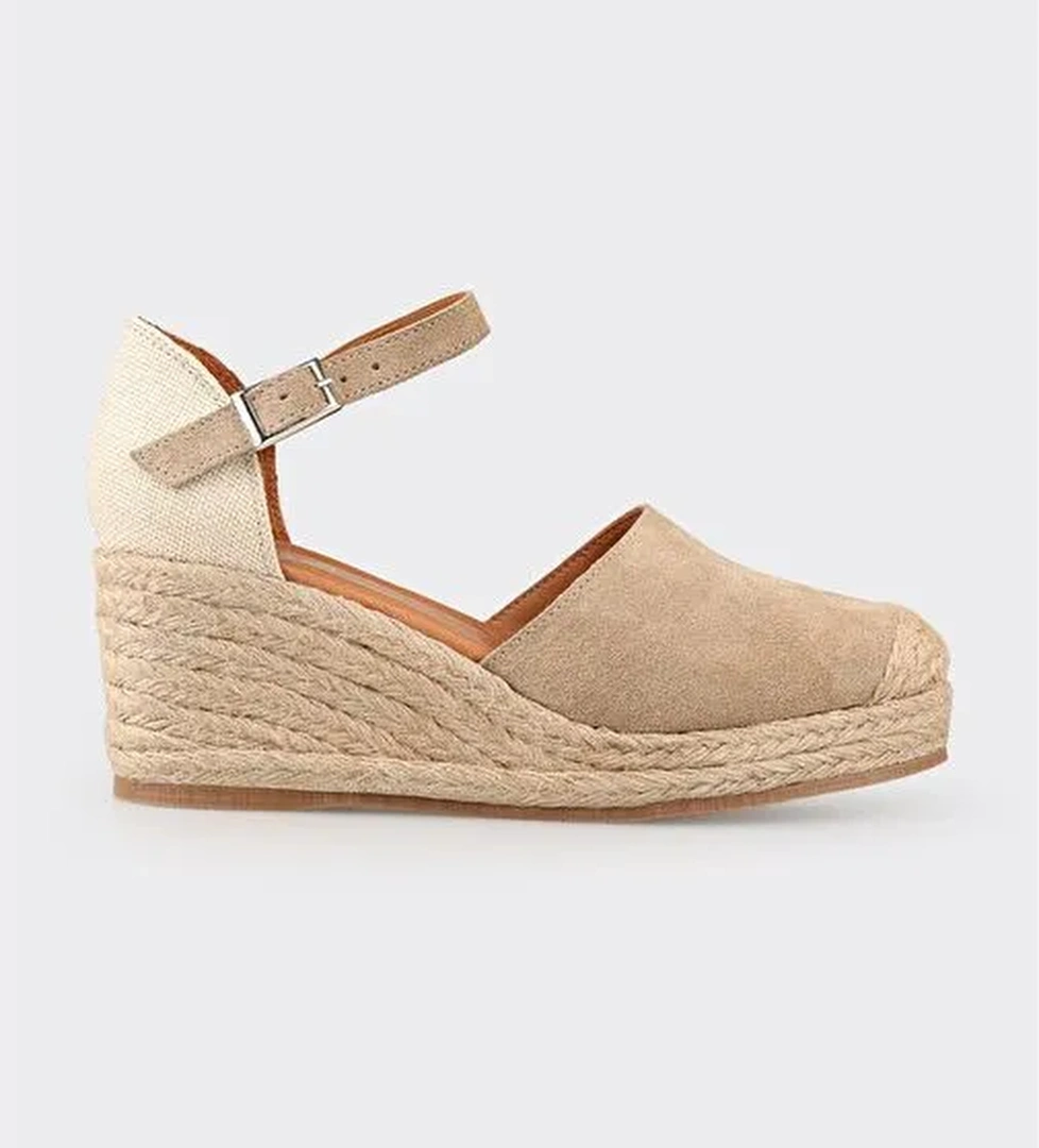 Bej Deri Kadın Dolgu Topuk Ayakkabı - Görsel 1