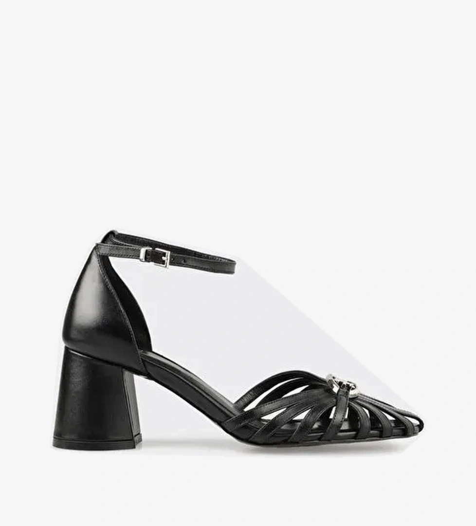 Siyah Deri Kadın Topuklu Ayakkabı - Görsel 1