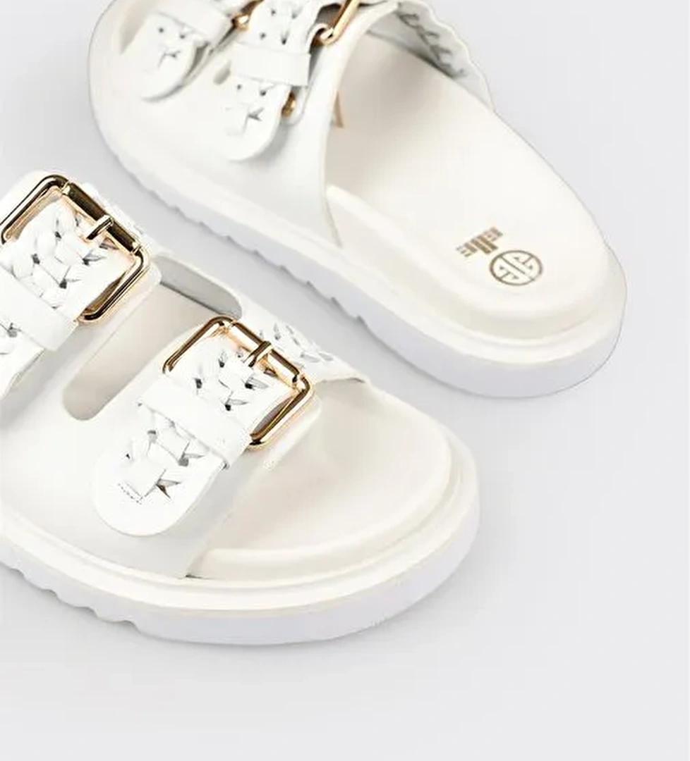 Beyaz Deri Kadın Terlik - Görsel 1