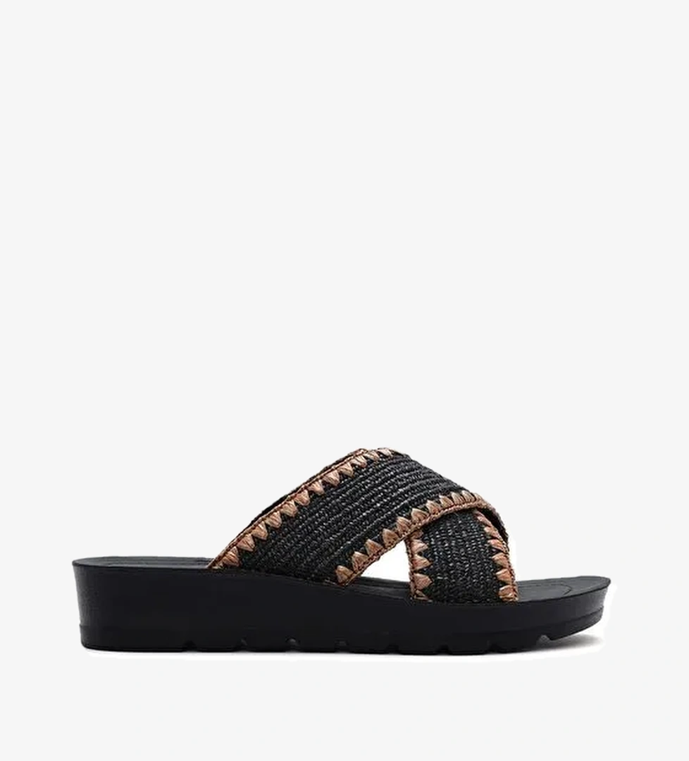 Kadın Siyah Kalın Tabanlı Hasır Terlik 25SFE4639M7 - Görsel 1