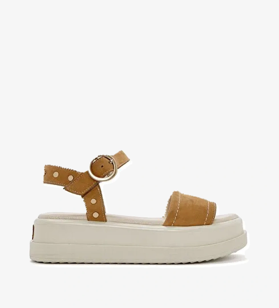 Kadın Taba Bilekten Tokalı Kalın Tabanlı Nubuk Deri Sandalet 25SFD2015V3 - Görsel 1