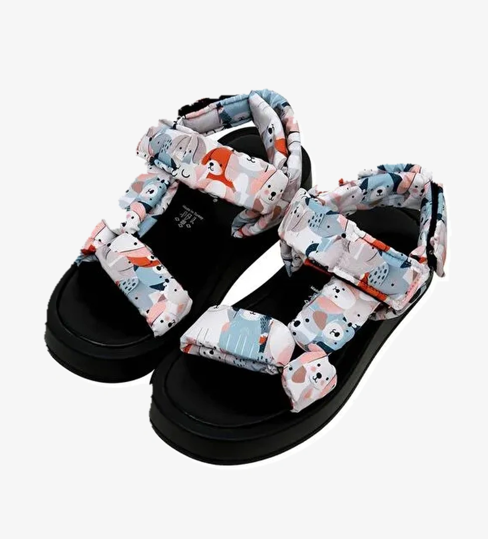 Kadın Vegan Deri Çok Renkli Kalın Taban Sandalet - Puppy Eyes Tasarım - Görsel 1