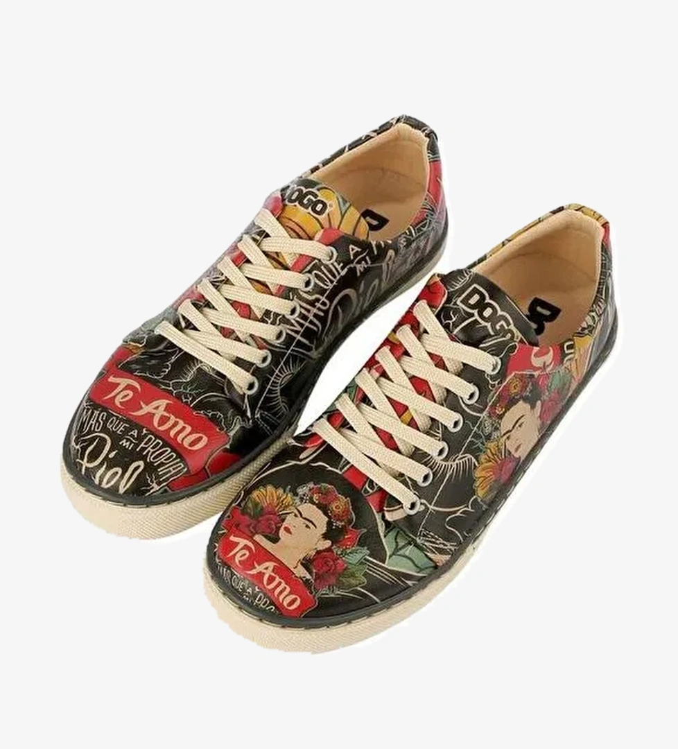 Kadın Vegan Deri Siyah Sneakers - Te Amo Frida Kahlo Tasarım - Görsel 1