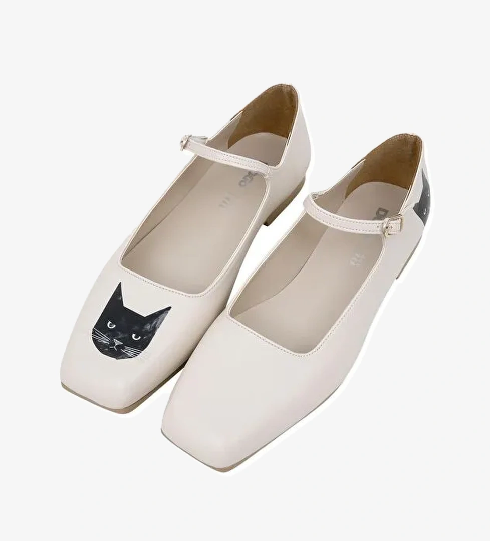 Kadın Vegan Deri Bej Babet - Whiskers and Purrs Tasarım - Görsel 1