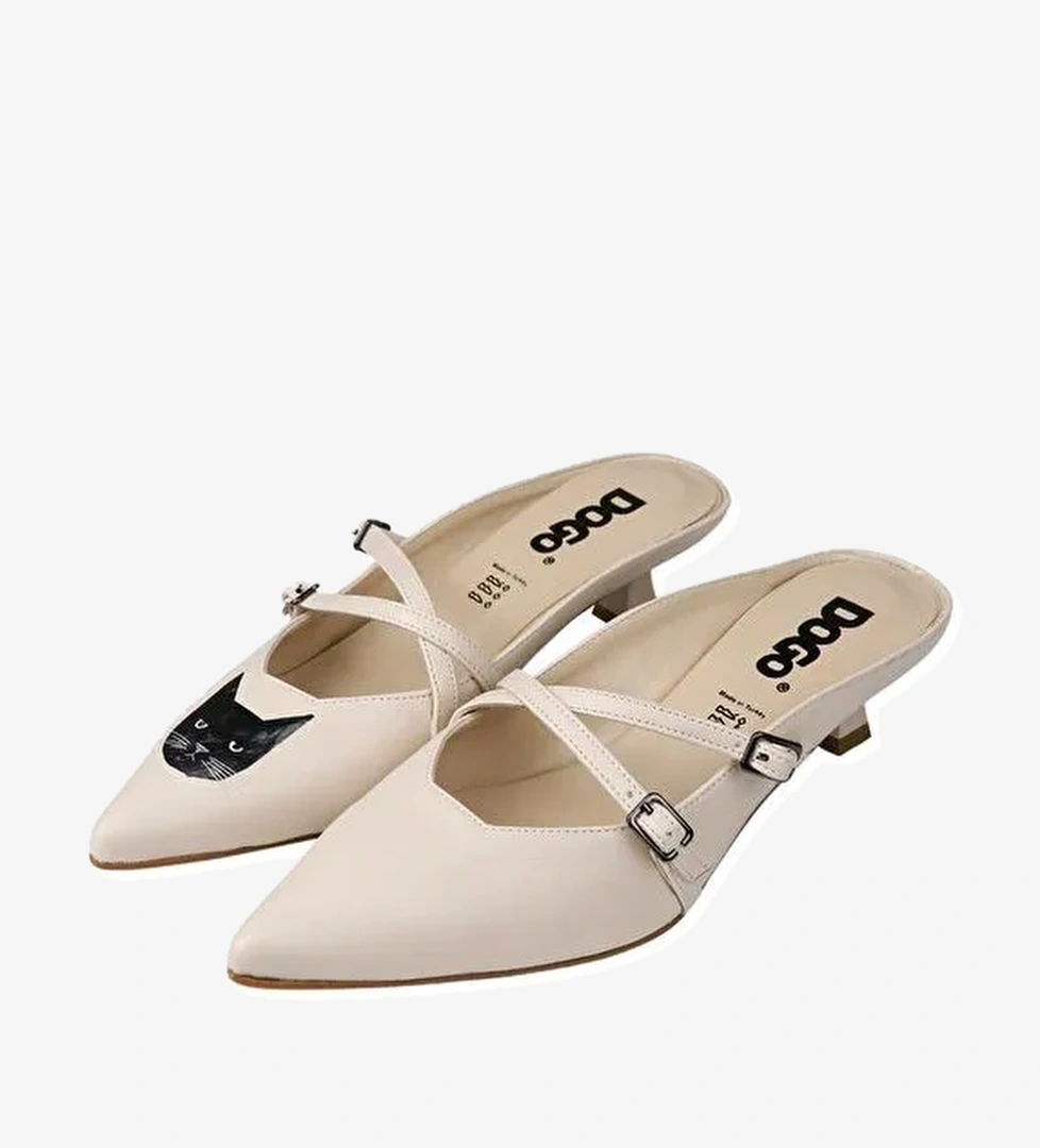 Kadın Vegan Deri Krem Topuklu Terlik - Whiskers and Purrs Tasarım - Görsel 1