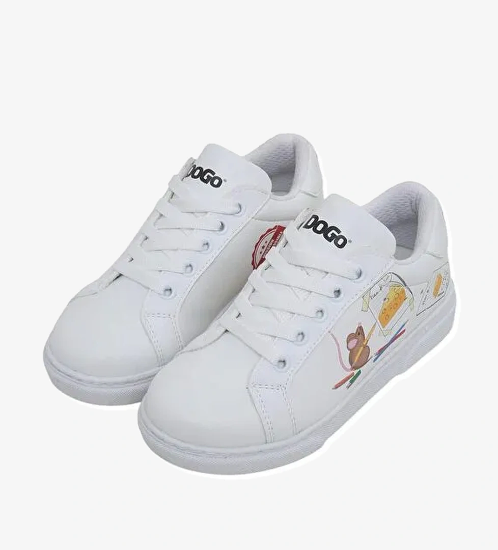 Unisex Çocuk Vegan Deri Beyaz Sneakers - Mission Cheese Possible Tasarım - Görsel 1