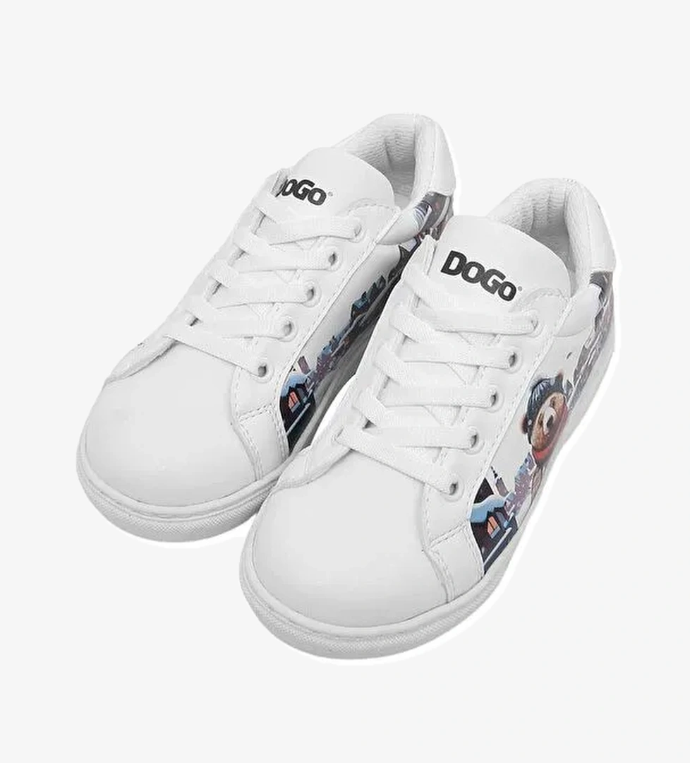 Unisex Çocuk Vegan Deri Beyaz Sneakers - Mr Bear Tasarım - Görsel 1