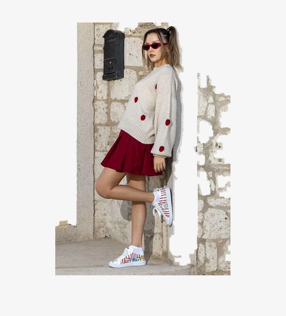 Kadın Vegan Deri Beyaz Sneakers - Days Till Christmas Tasarım - Görsel 1