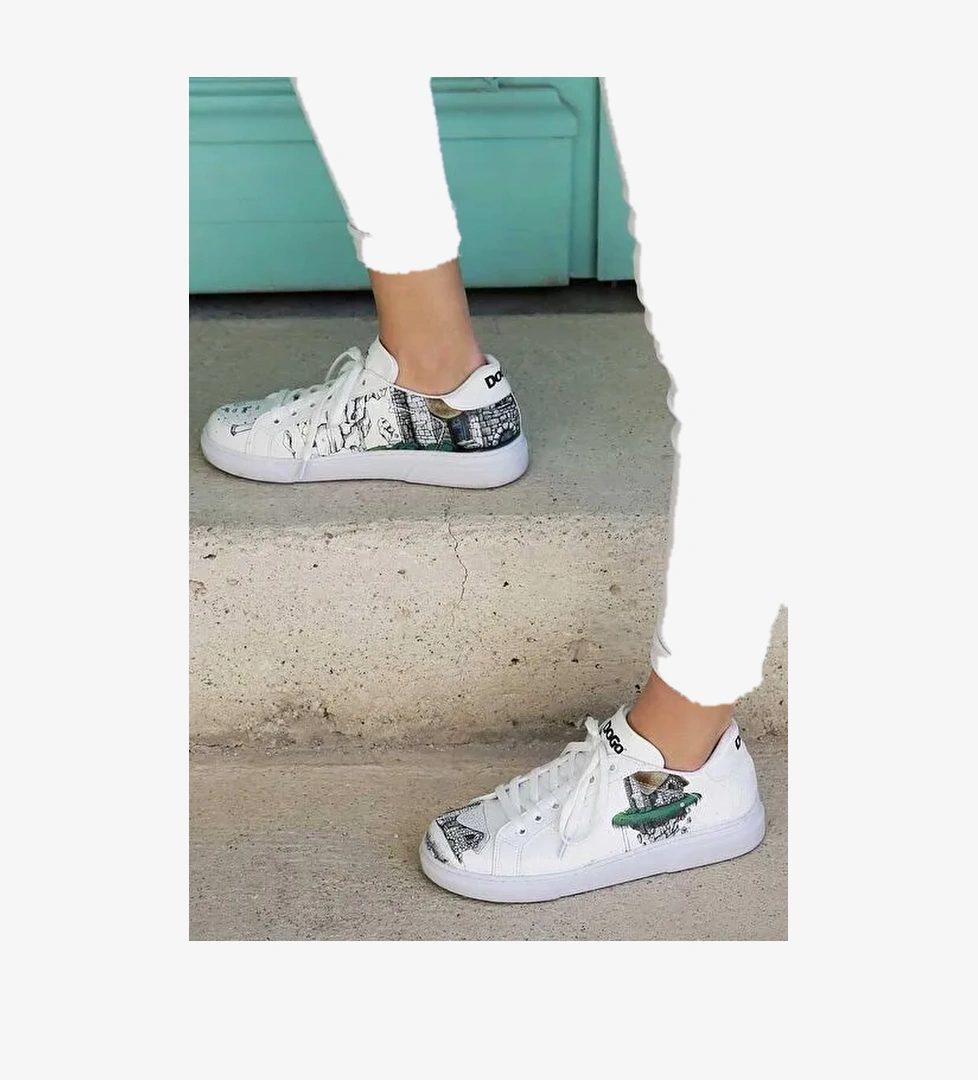 Kadın Vegan Deri Beyaz Günlük Sneakers - Time To Go Tasarım - Görsel 1