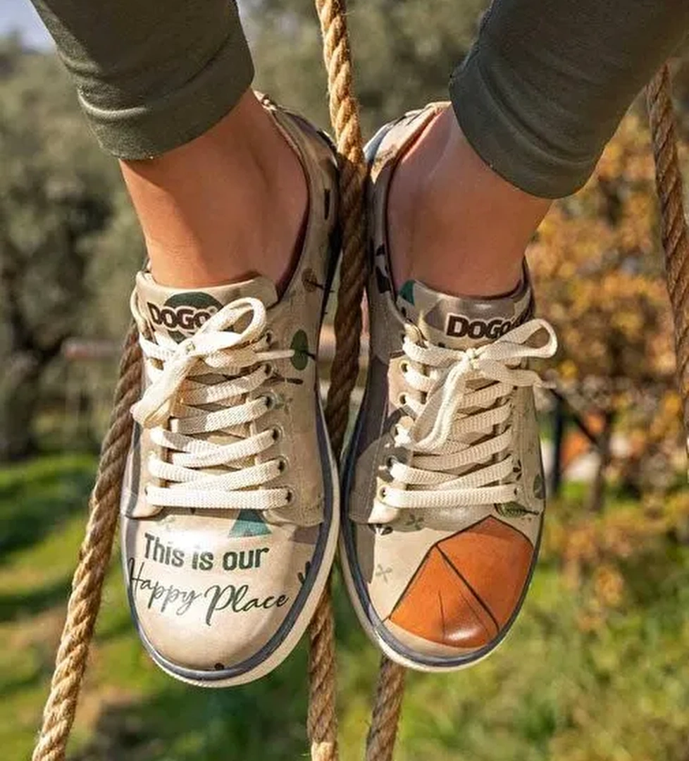 Kadın Vegan Deri Gri Günlük Sneakers - This is Our Happy Place Tasarım - Görsel 1