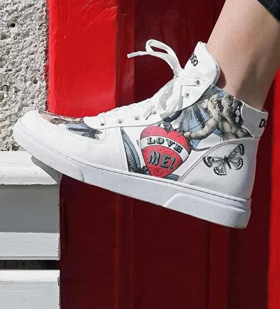 Kadın Vegan Deri Beyaz High Sneakers - Love Me Tasarım - Görsel 1