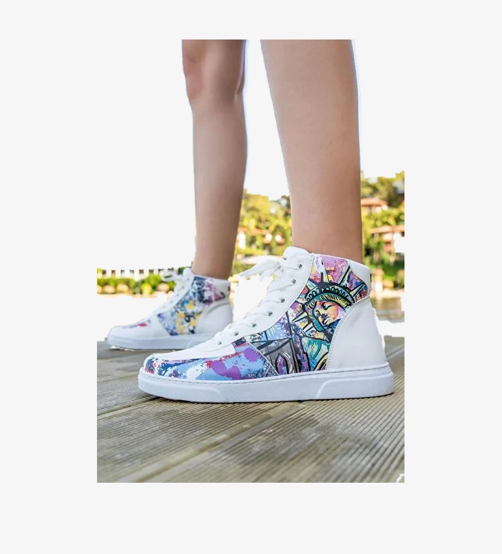 Kadın Vegan Deri Beyaz High Sneakers - New York State of Mind Tasarım - Görsel 1