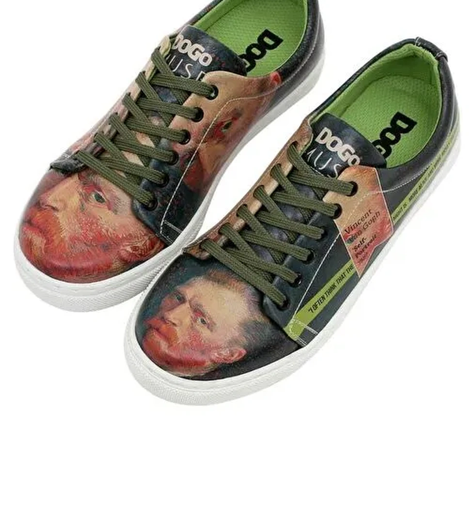 Kadın Vegan Deri Yeşil Sneakers - Vincent van Gogh Self Portrait Muse Tasarım - Görsel 1