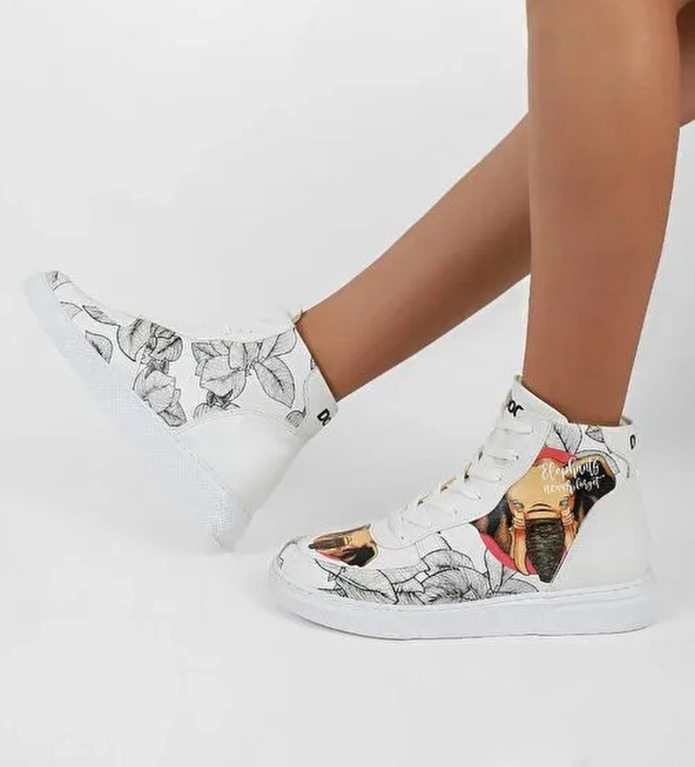 Kadın Vegan Deri Beyaz High Sneakers - Elephants Never Forget Tasarım - Görsel 1