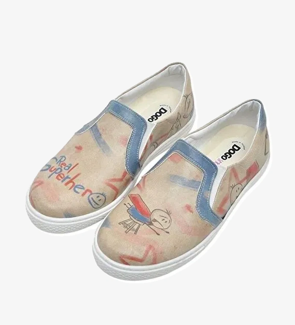 Çocuk Vegan Deri Bej Bağcıksız Sneakers - Superhero Boys Tasarım - Görsel 1