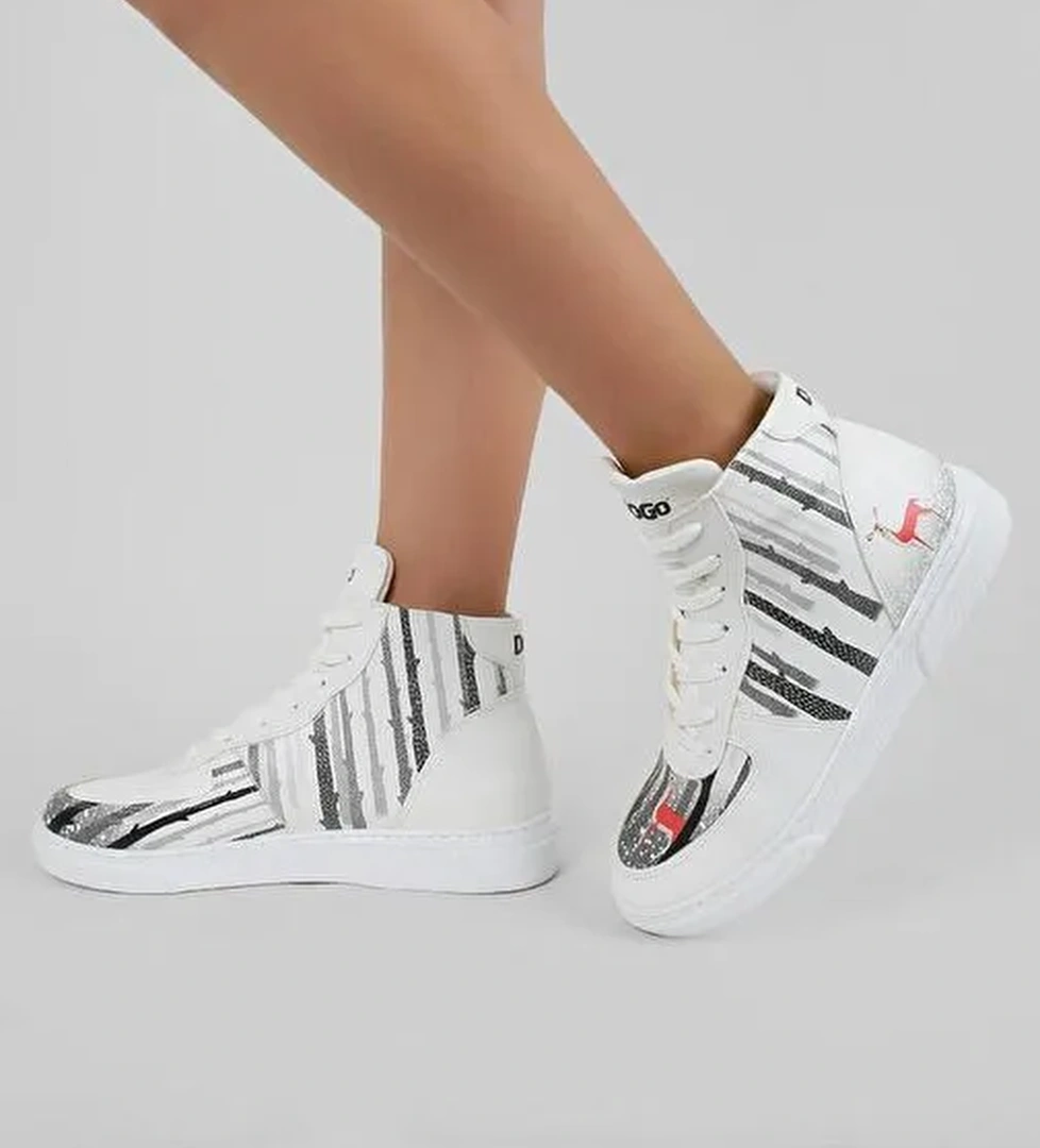 Kadın Vegan Deri Beyaz High Sneakers - You're the Colour of My Life Tasarım - Görsel 1