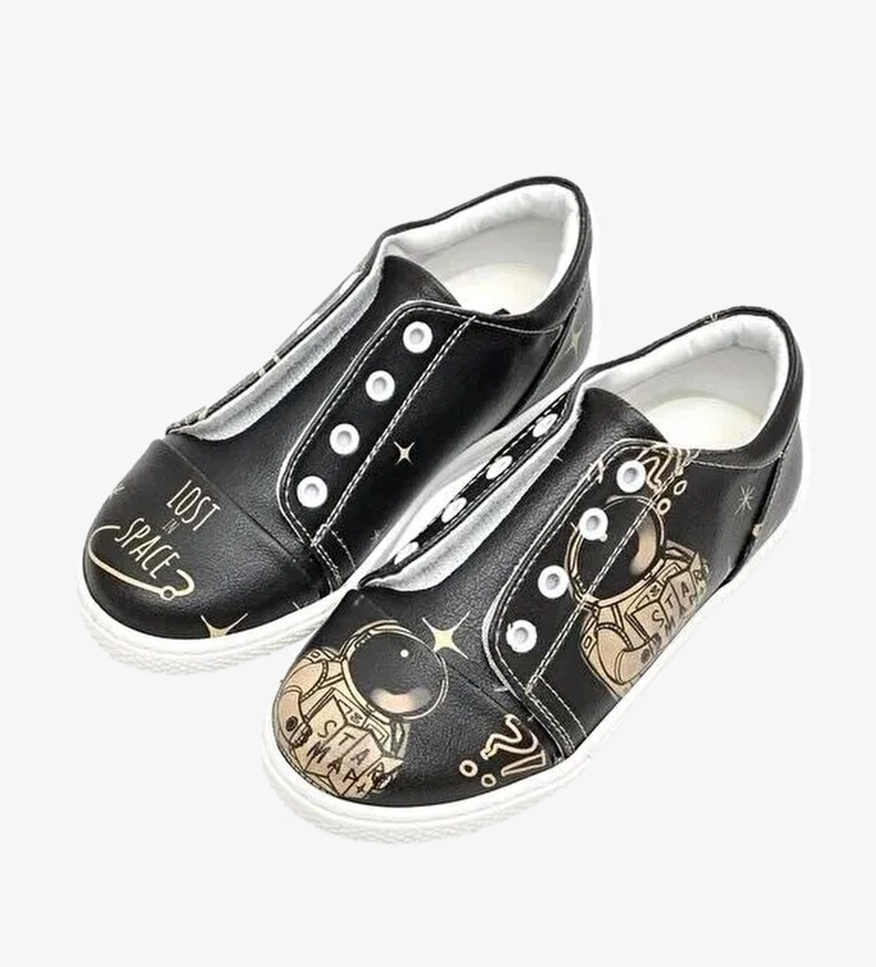 Çocuk Vegan Deri Siyah Bağcıksız Sneakers - Can't Find a Way Tasarım - Görsel 1