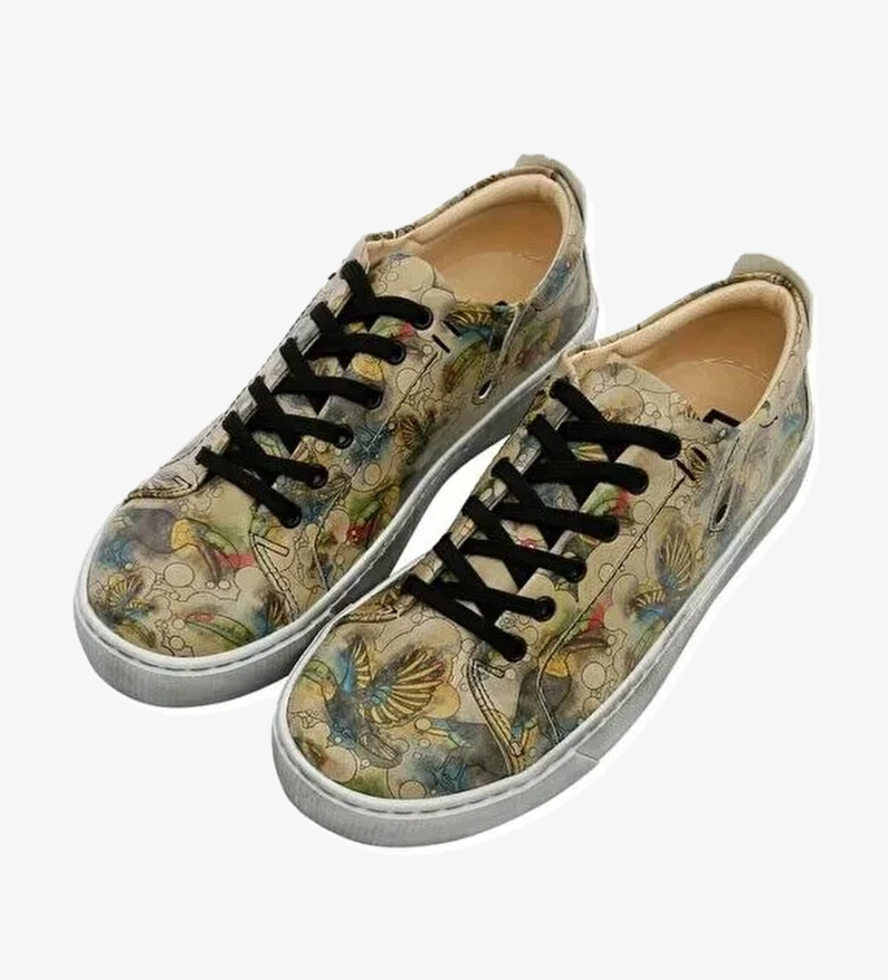 Kadın Vegan Deri Bej Sneakers - Watercolor Toucan Tasarım - Görsel 1