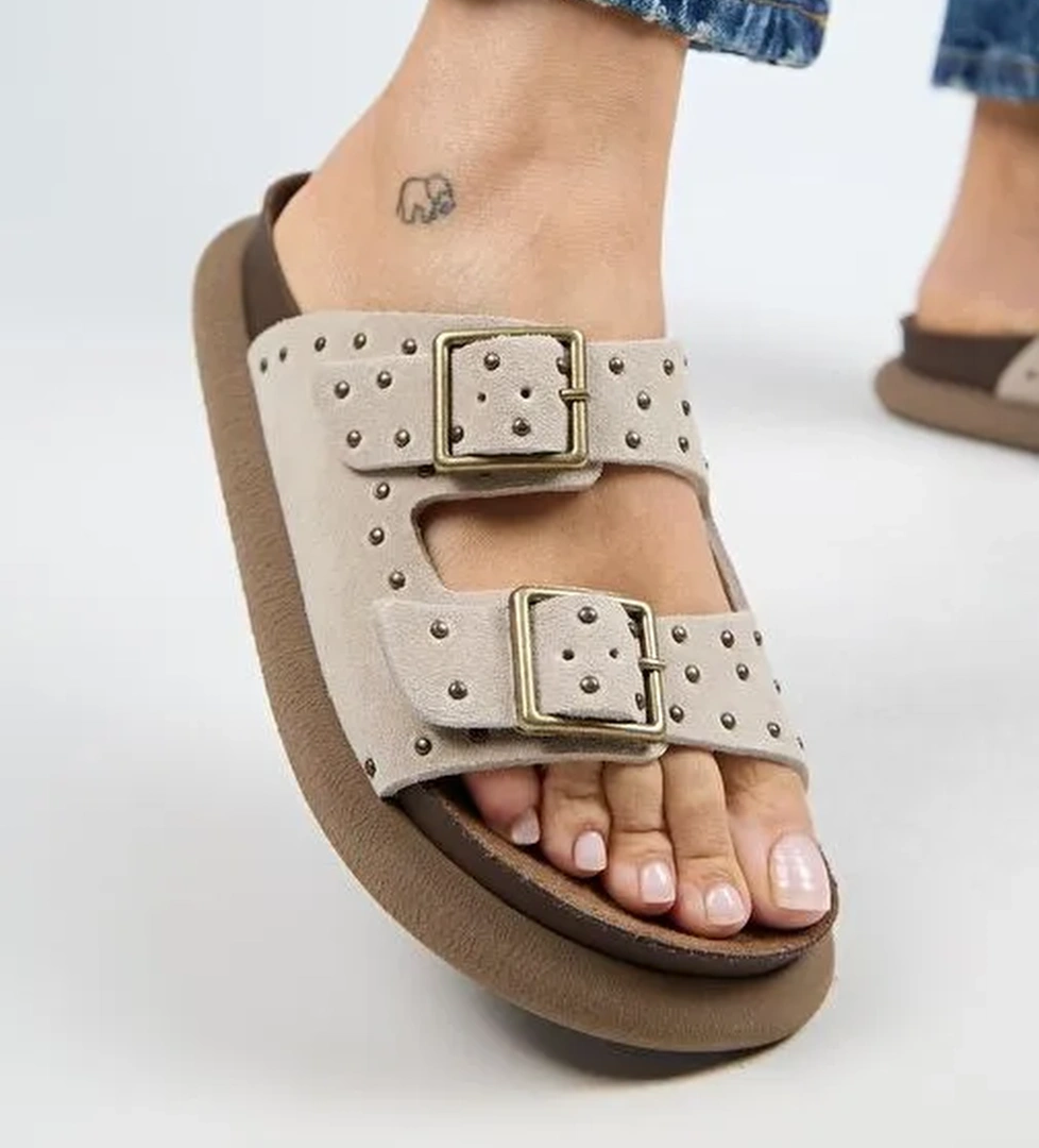 Manijero (Sude) Kadın Hakiki Deri Çift Tokalı Troklu Bej Terlik - Görsel 1